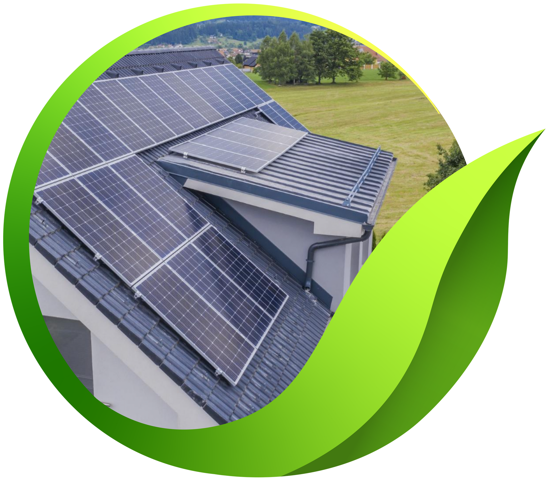 Solar panels on a roof with a green leaf design.