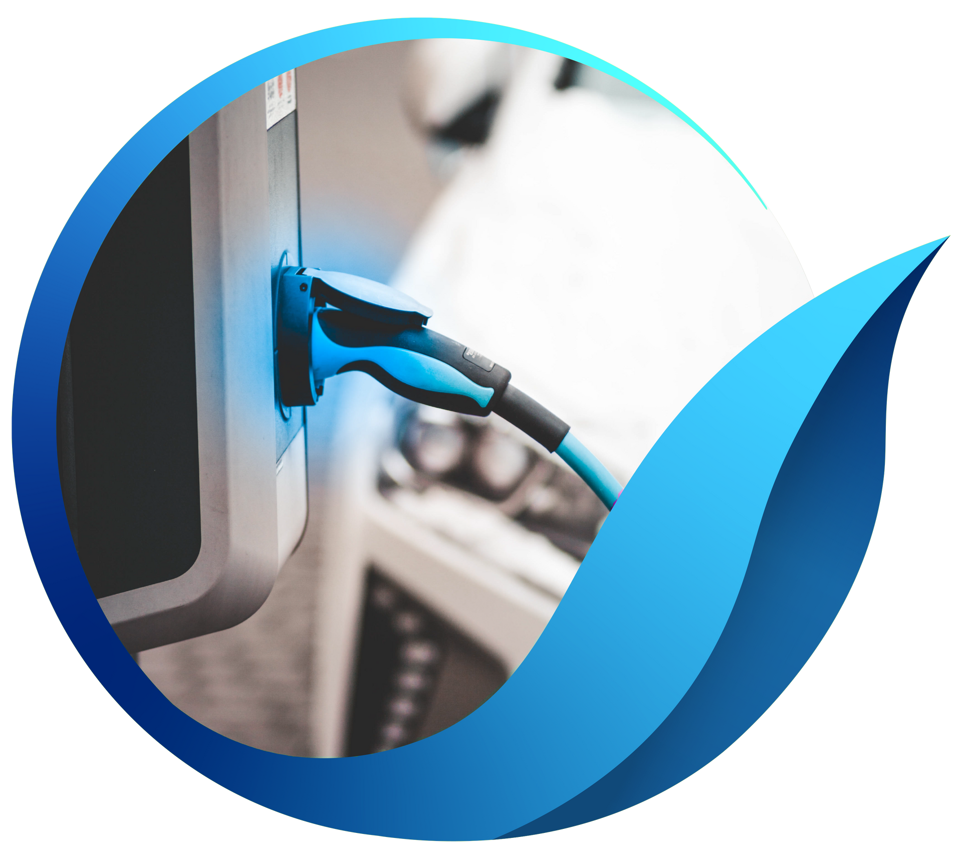 Electric car charger with blue cable plugged in, enclosed in a blue leaf-shaped design.