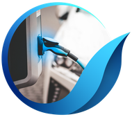 Blue EV charger plugged into a port; blue and white logo shape frames the image.