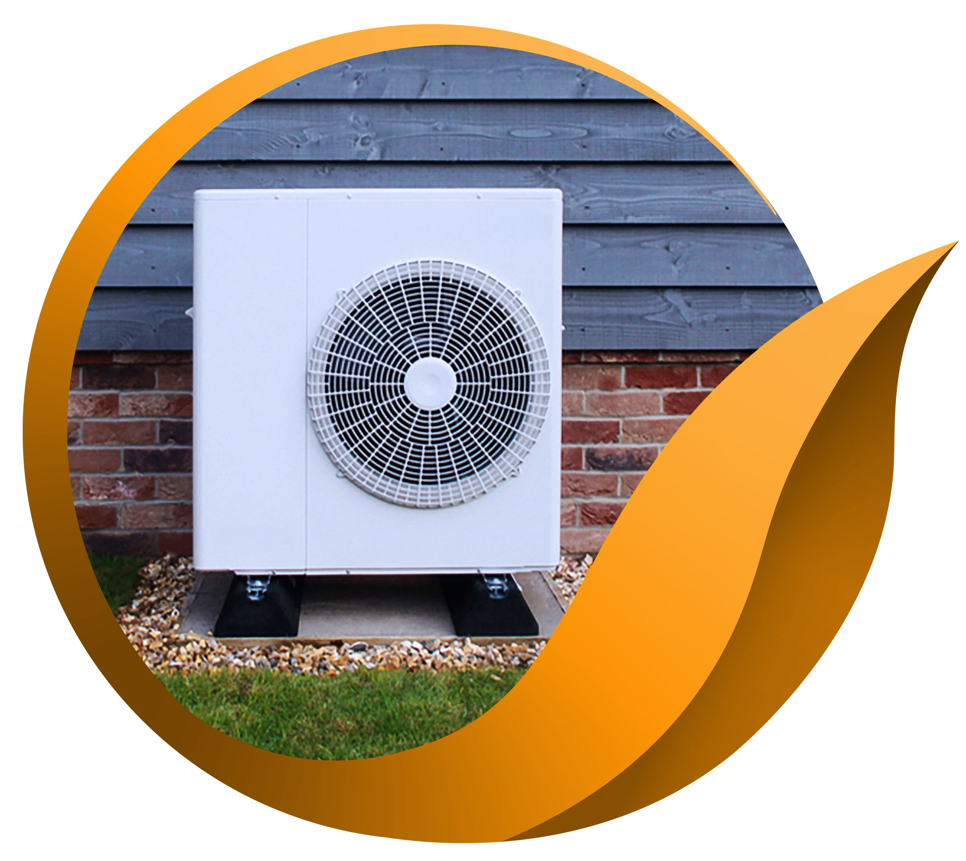 White heat pump against a brick and wooden exterior, set in gravel with a stylized orange leaf.