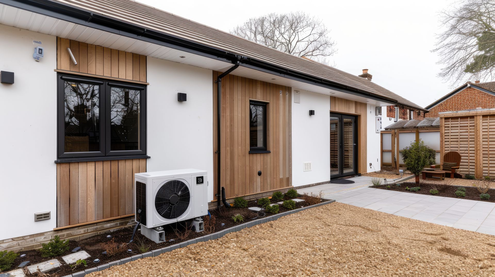 Modern white and wood-paneled building with black-framed windows, an outdoor unit, and gravel courtyard.