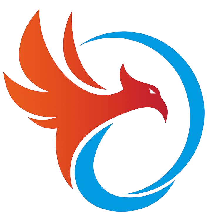 Fénix rojo y naranja dentro de una media luna y un círculo azules.