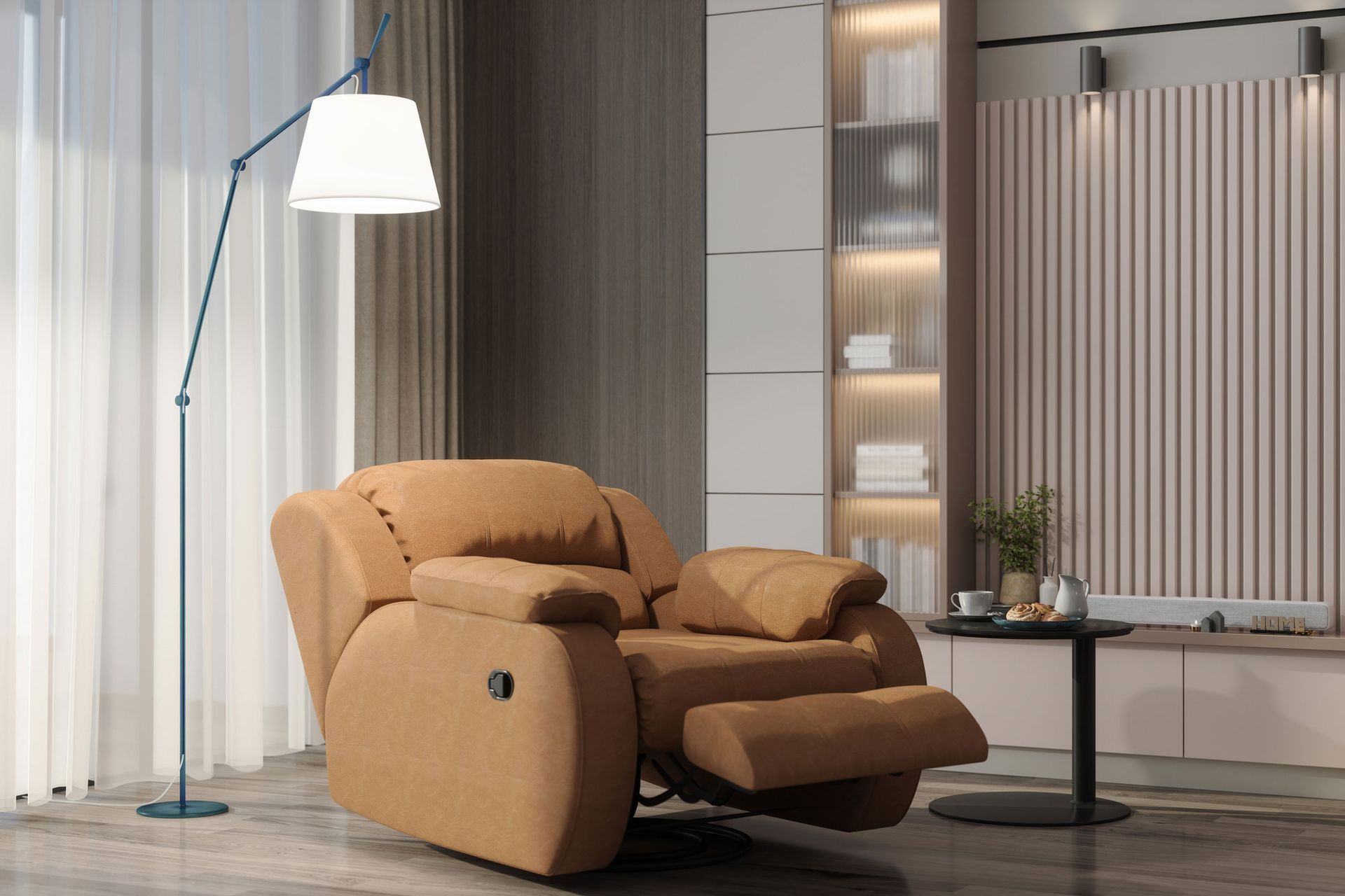 Brown recliner chair with extended footrest beside a floor lamp in modern room. Brown recliner chair with extended footrest beside a floor lamp in modern room.