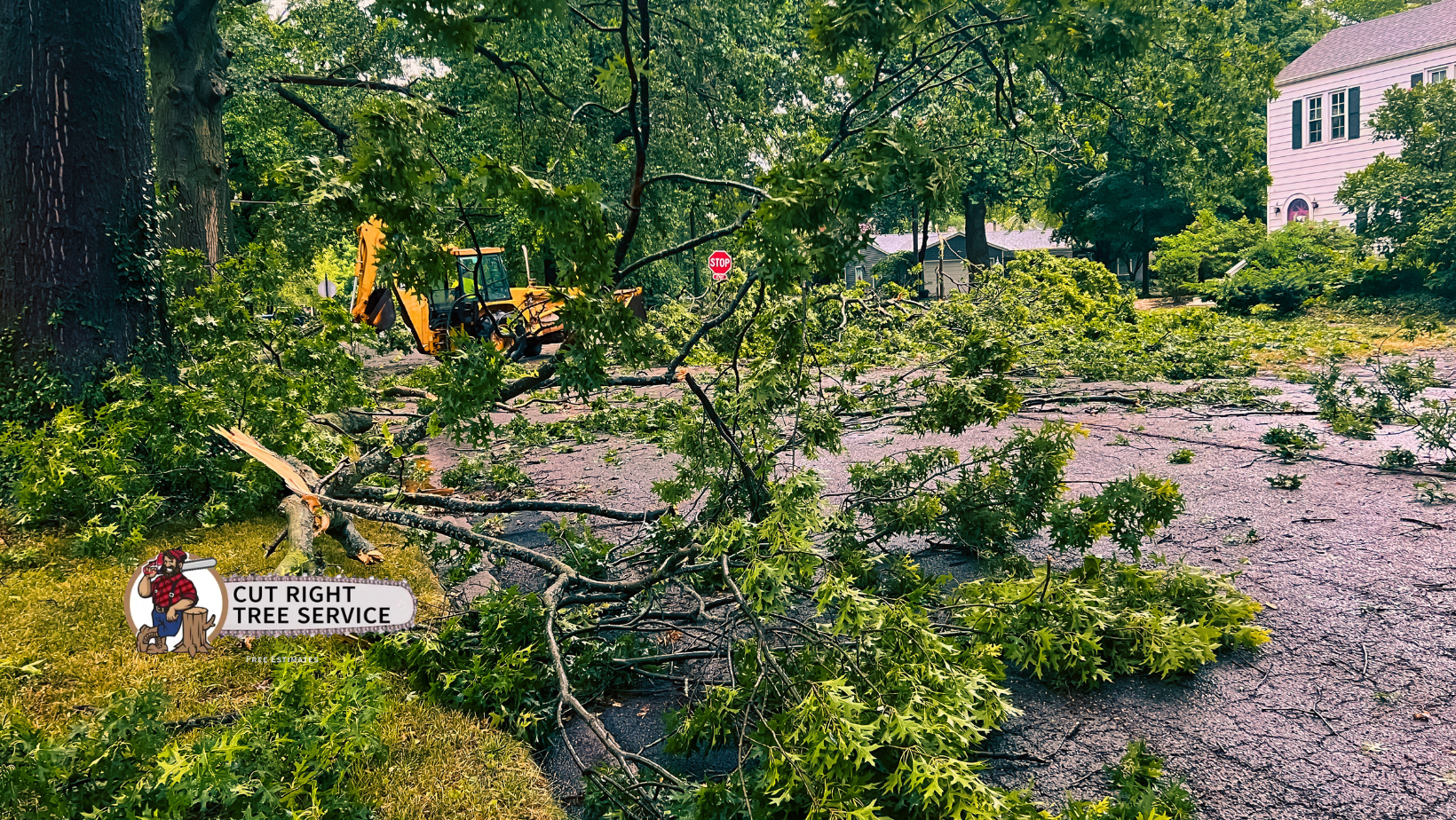 Debris covers a yard after a storm. Fallen tree branches and leaves are scattered amongst mud. Buildings are in the background.