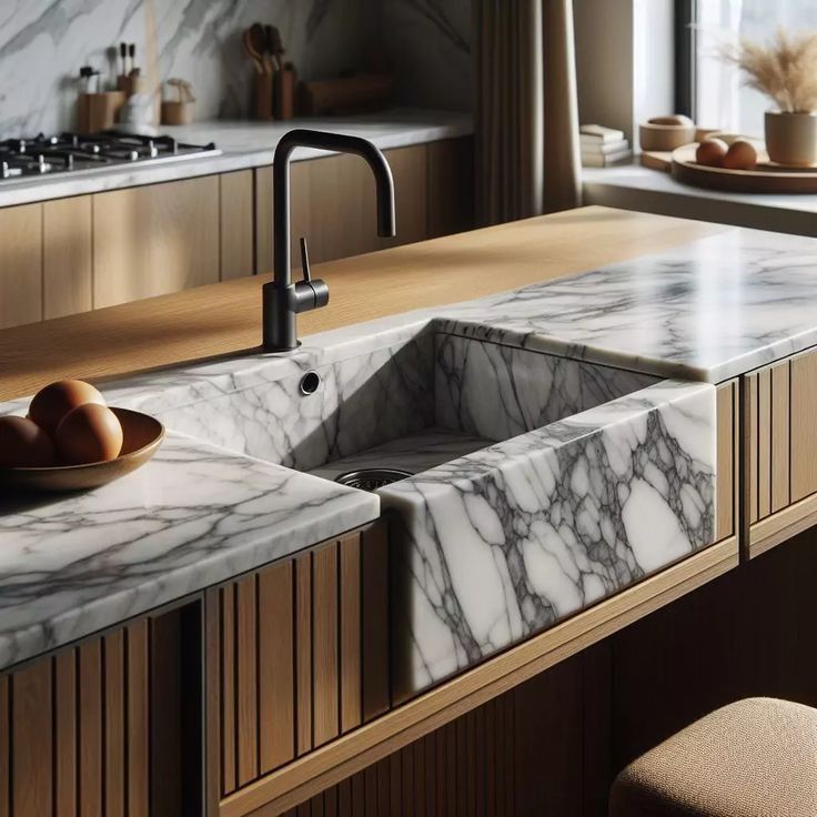 Marble kitchen island with integrated sink and black faucet in a modern sunlit kitchen — Hinch Plumbing In Breakwater, VIC