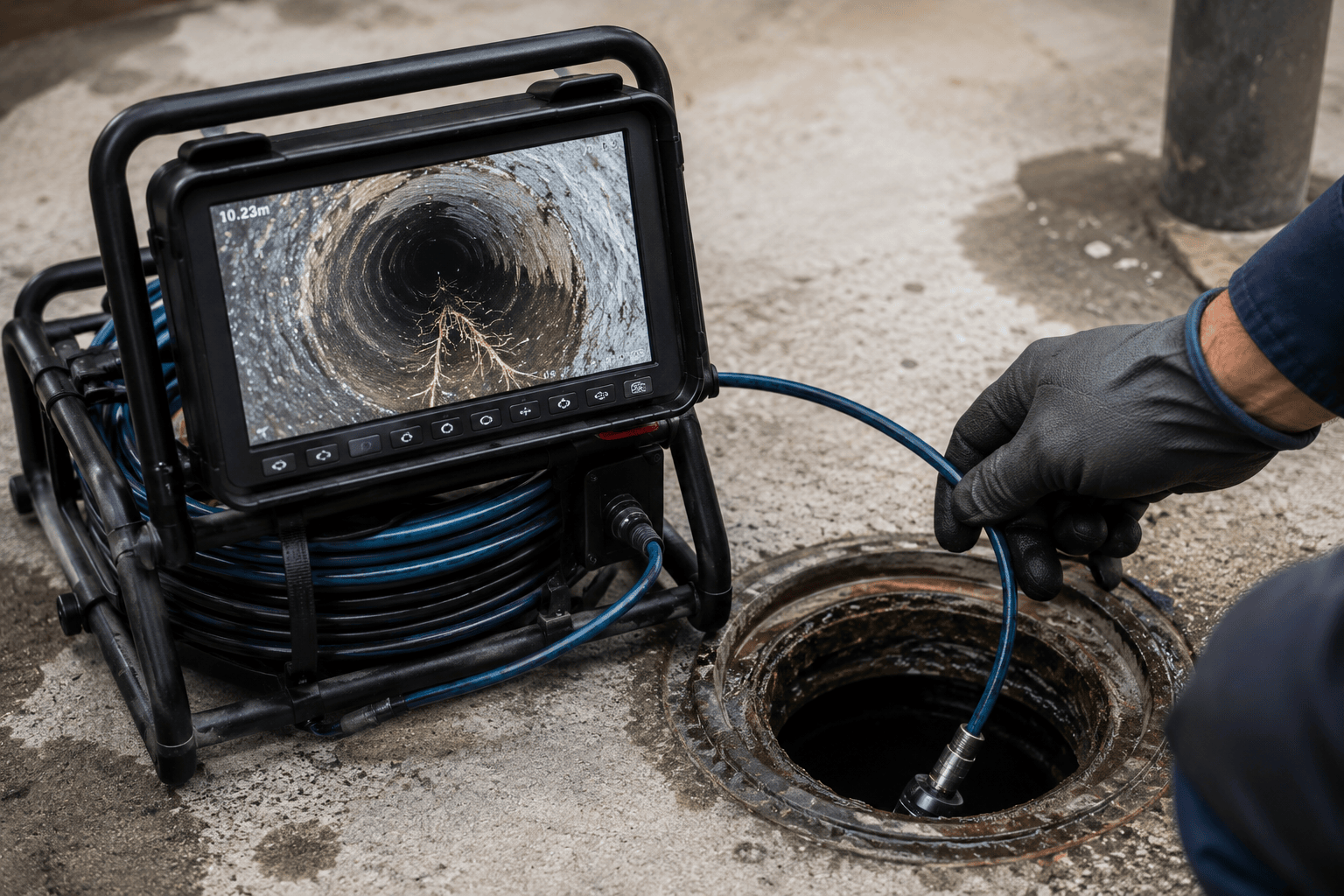 Camera inspecting a drain pipe while a worker in gloves feeds the cable into a manhole.  — Hinch Plumbing In Breakwater, VIC