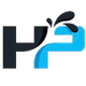 Stylized black and blue H2 logo with water splash accents