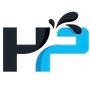 Stylized black and blue P2 logo with water splash accent