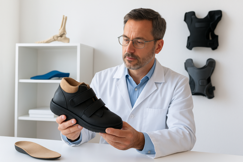 Medico che tiene in mano una scarpa ortopedica nera e la esamina in un ambiente chiuso. Camice bianco, occhiali.