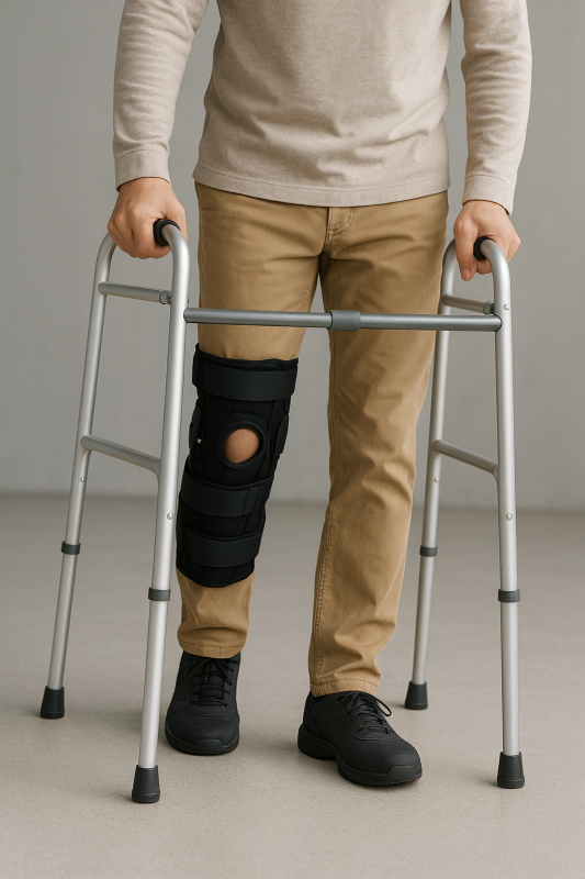 Persona con tutore al ginocchio che utilizza un deambulatore per sostenersi in ambienti chiusi, indossa pantaloni color cuoio, una maglietta a maniche lunghe e scarpe nere.