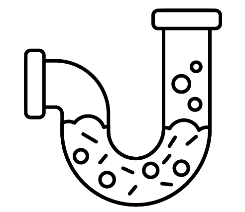 A black and white drawing of a drain pipe with water coming out of it.