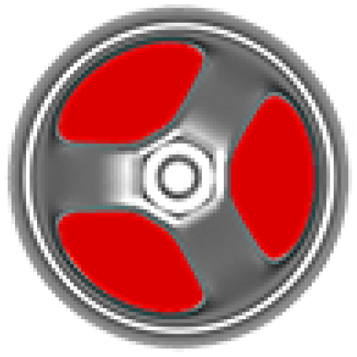 A close up of a red wheel with a screw in the middle.