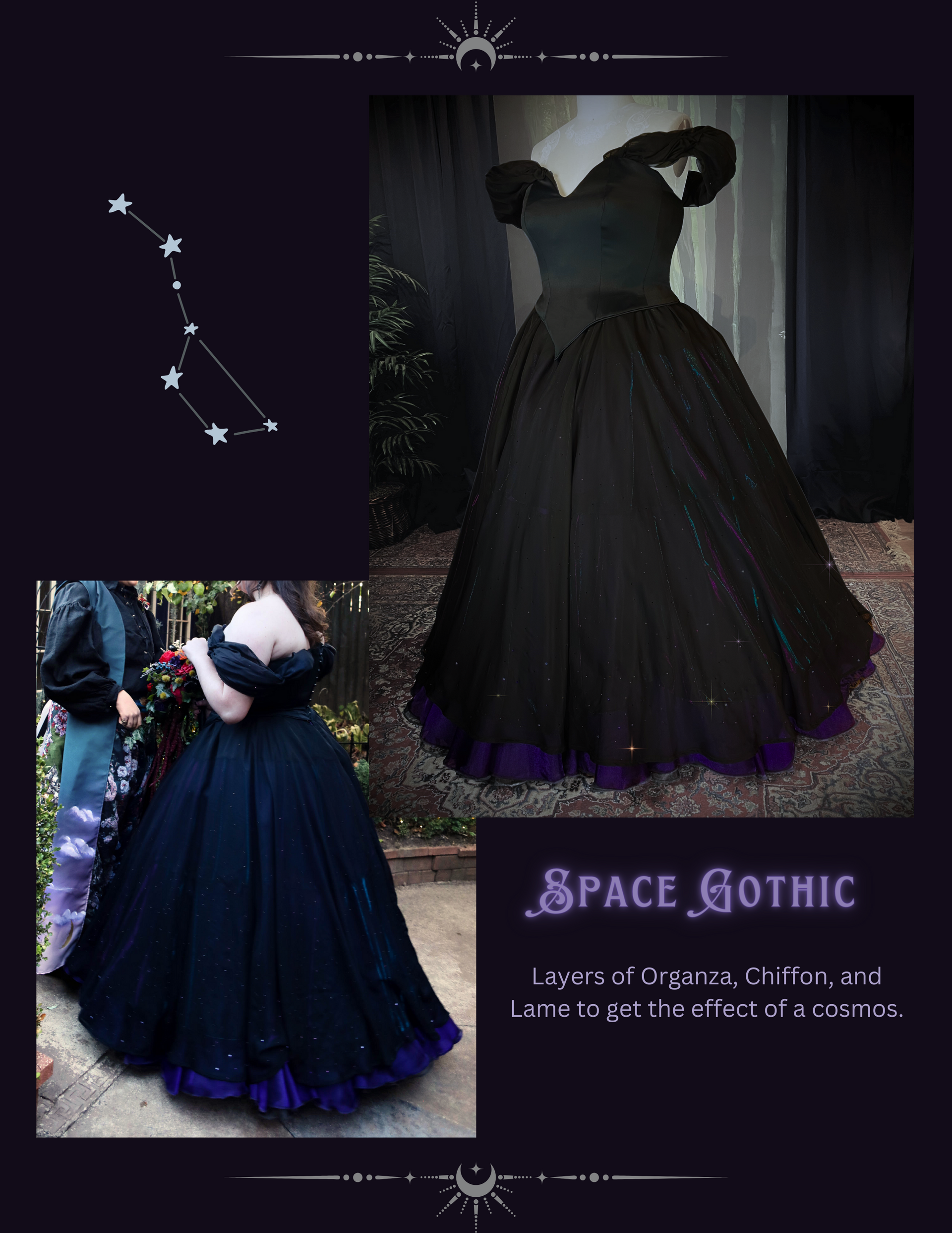 A woman is wearing a black gothic wedding dress with purple underlay.