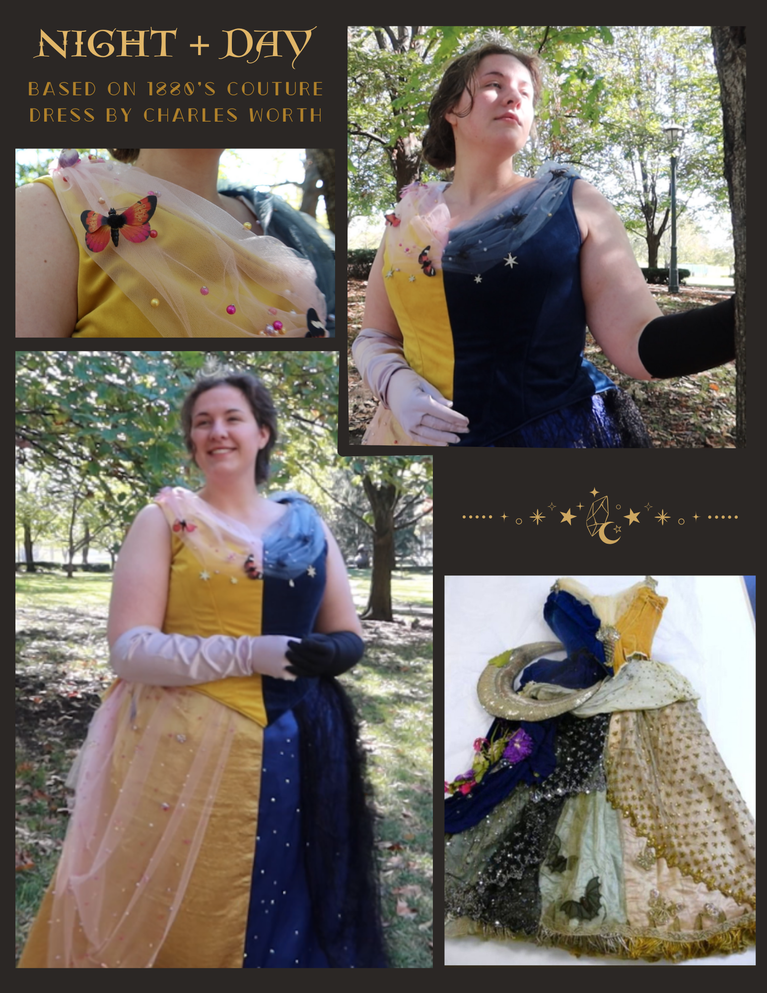 A woman is wearing a drass that is half yellow and half blue