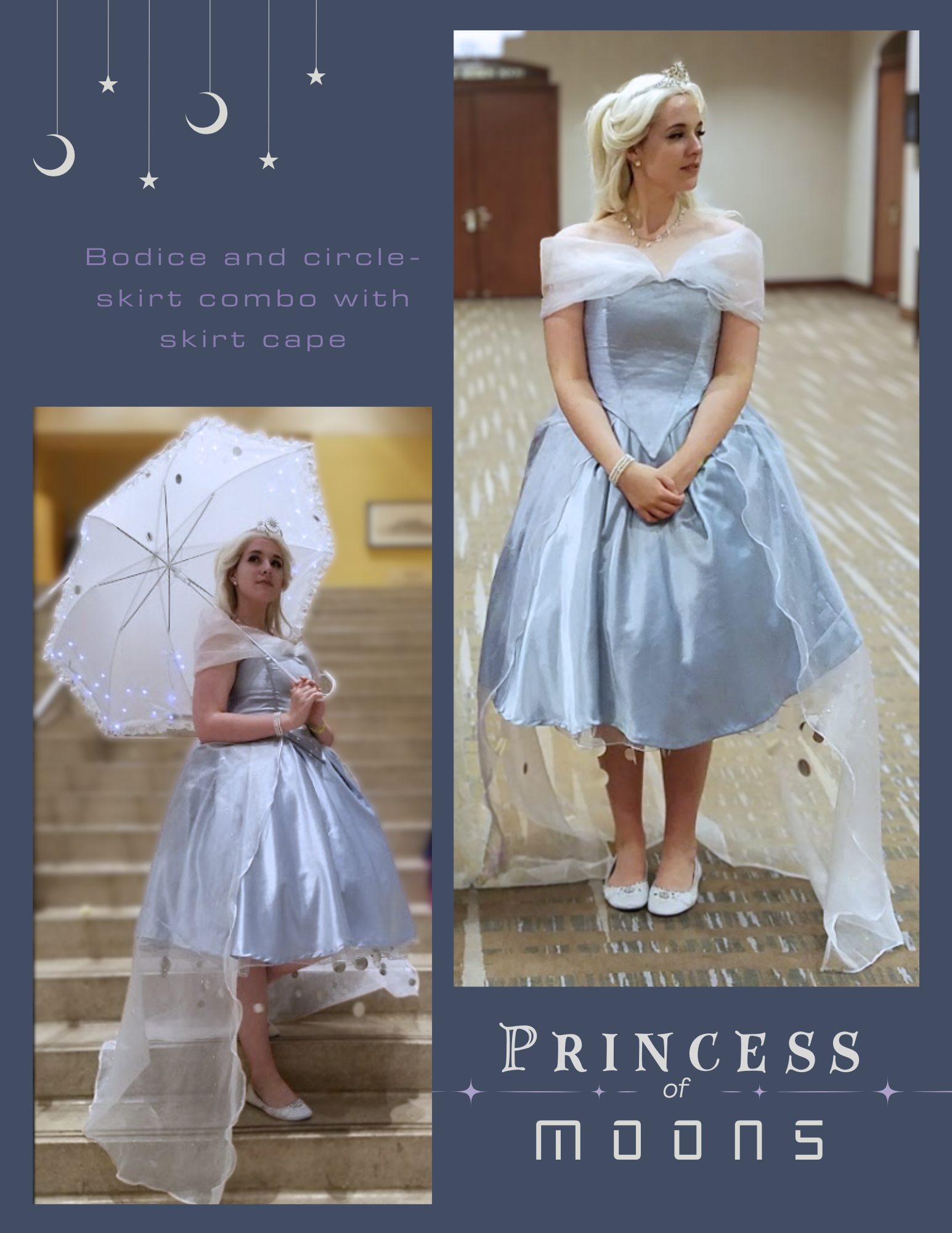 A woman in a blue dress is holding an umbrella.