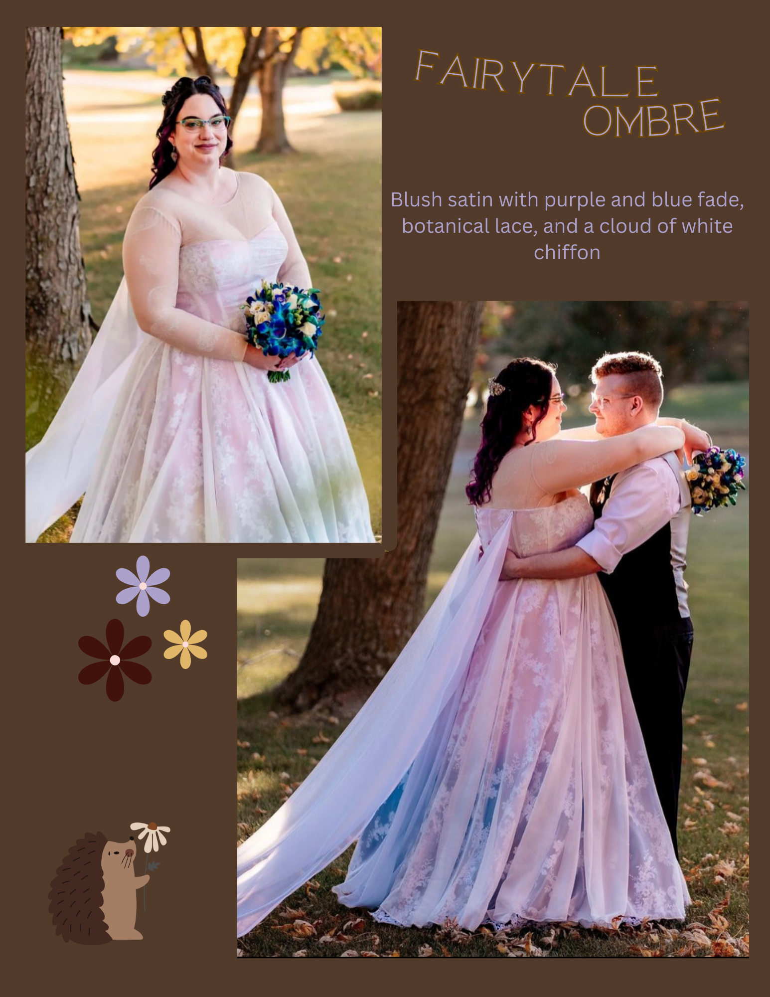 A woman in a pink wedding dress is standing next to a man in a black shirt.