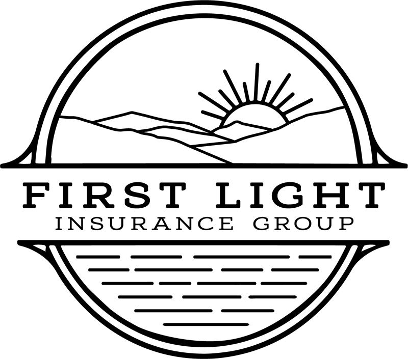 A black and white logo for first light insurance group.