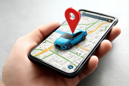 Hand holding a phone displaying a map with a blue car icon and red location marker.
