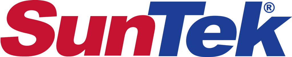 A red and blue suntek logo on a white background