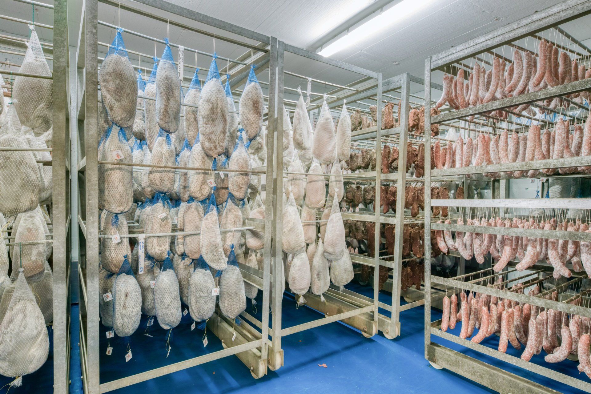 salaison avec tapis bleu et étals de viandes