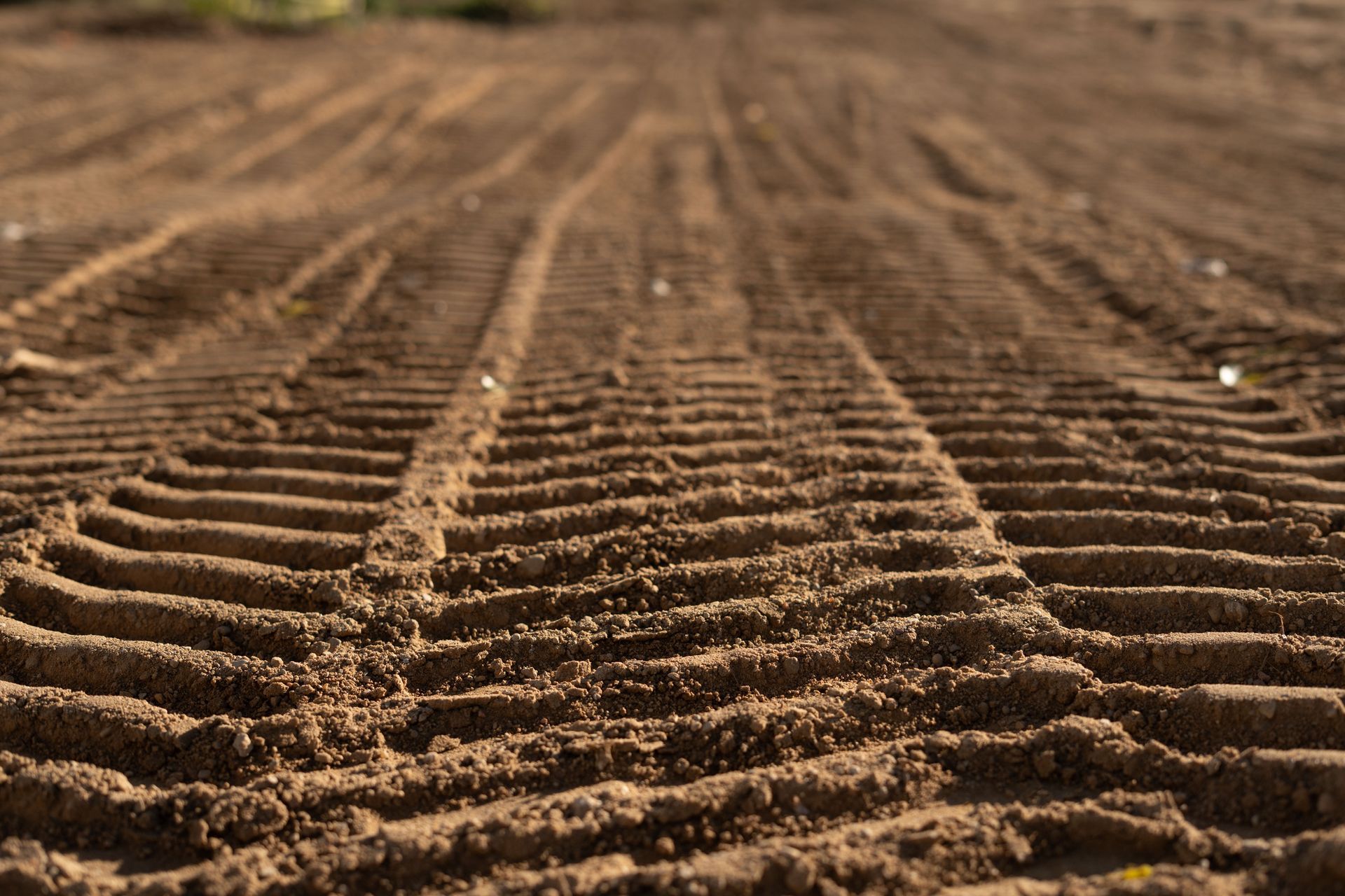 A close up of tire tracks in the dirt on a dirt road.