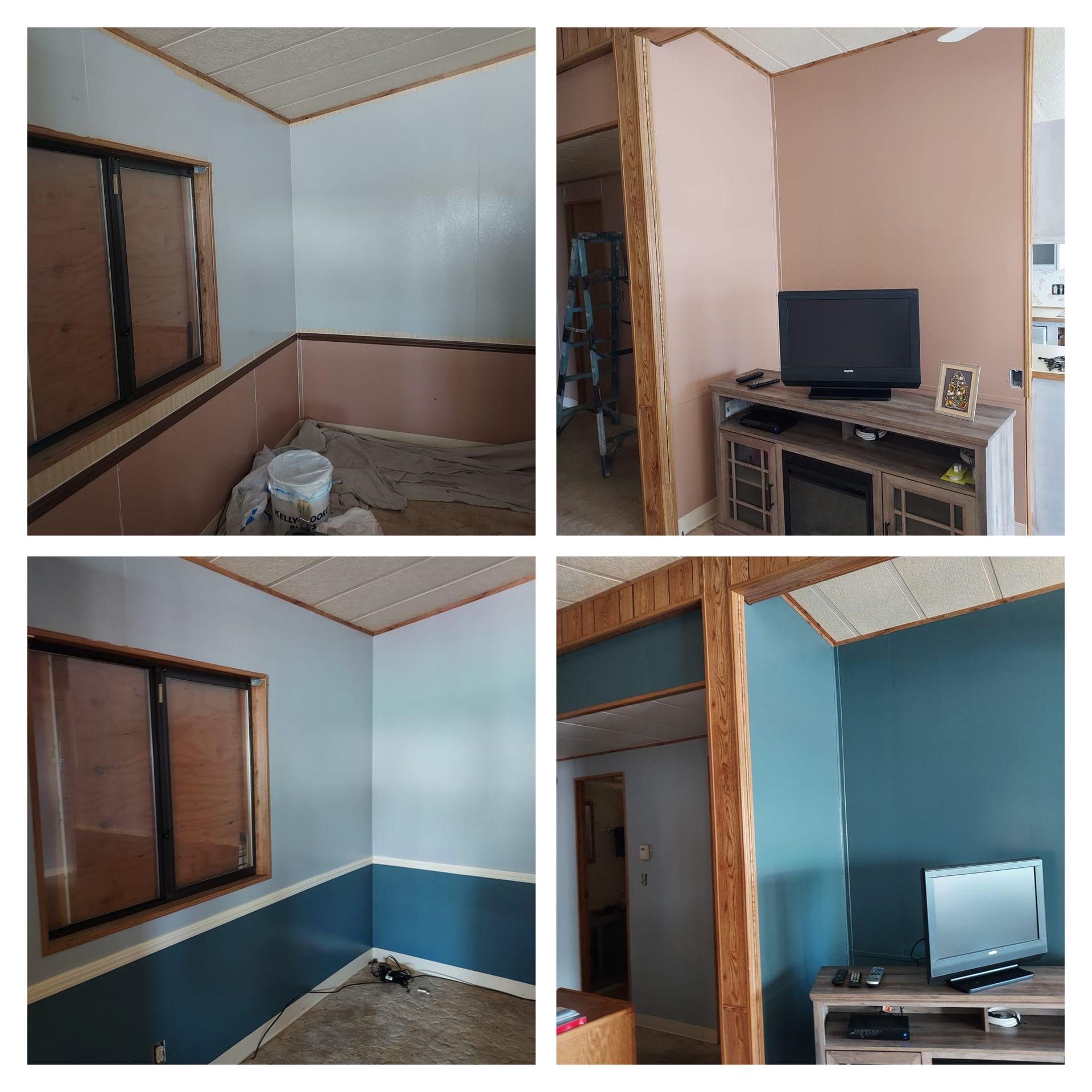 Four split-screen photos showing home interior wall painting in progress, transitioning from pink to a deep blue-green.