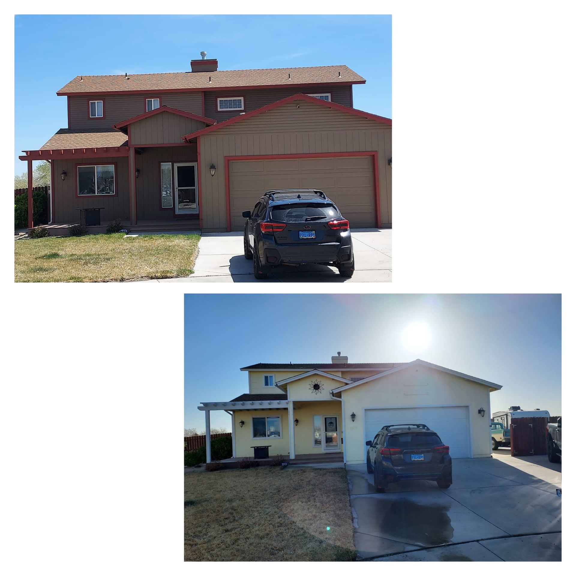 Before and after photos of a house exterior showing a change from dark brown paint to light yellow.