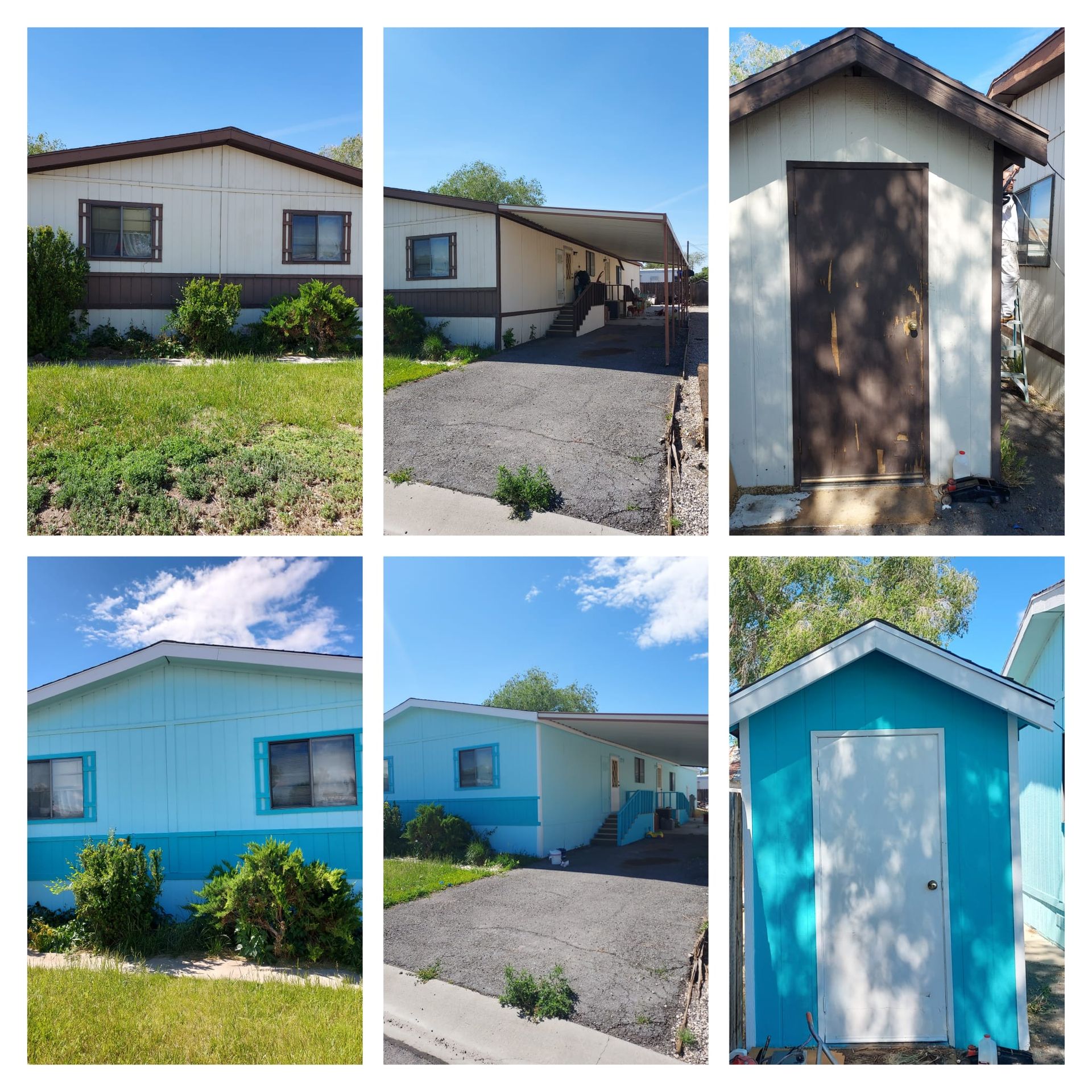 A before-and-after photo collage of a mobile home and shed repainted from beige and brown to vibrant light blue and white.