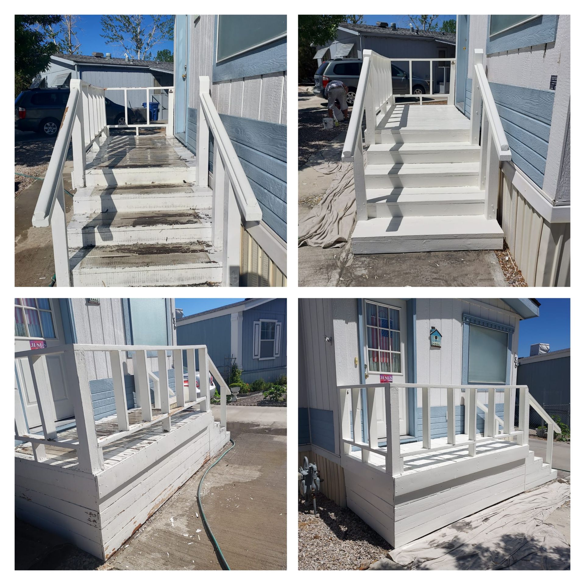 Before-and-after photos of white wooden steps and a porch railing on a house, showing a fresh coat of paint.