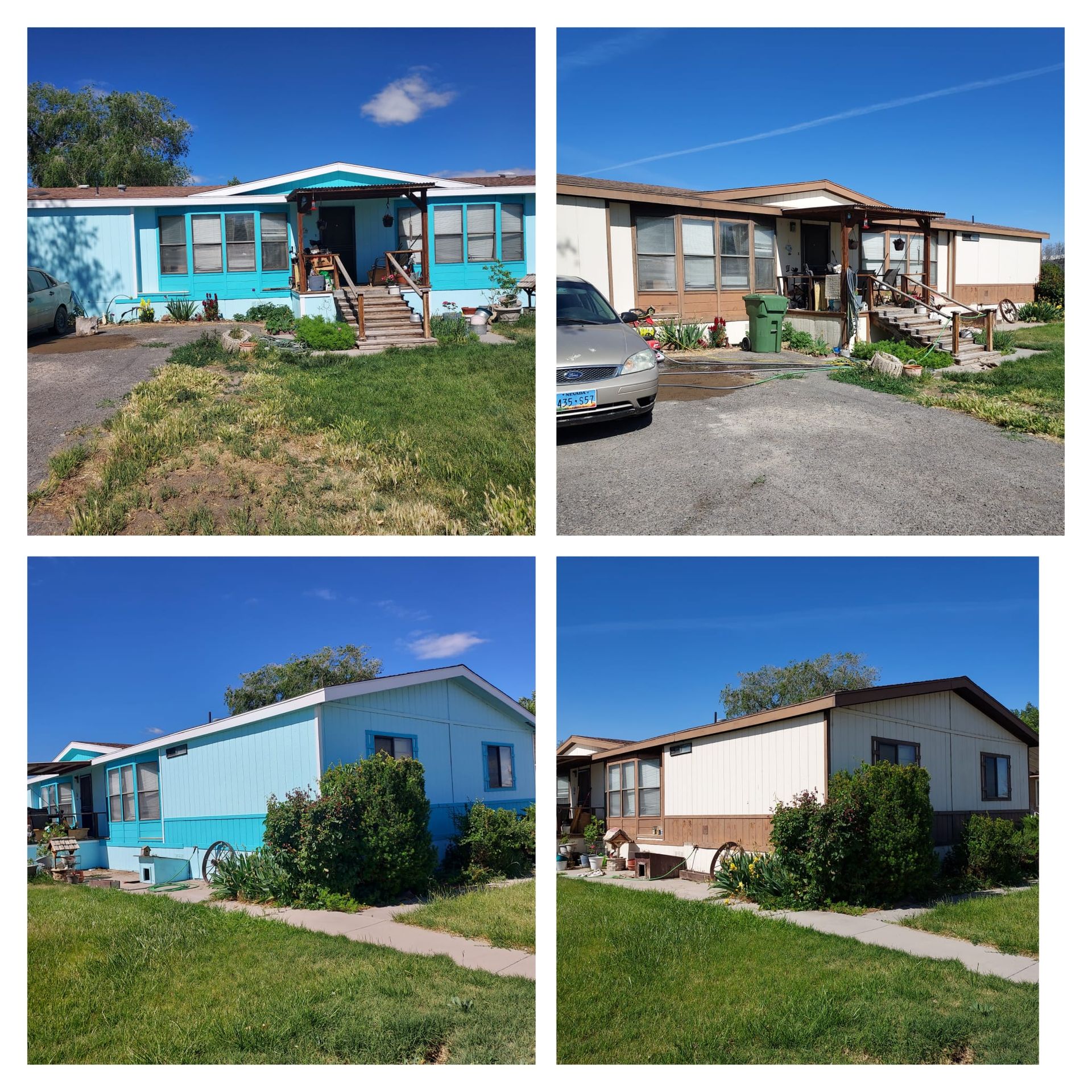 A side-by-side comparison of a home showing the exterior painted blue versus beige.