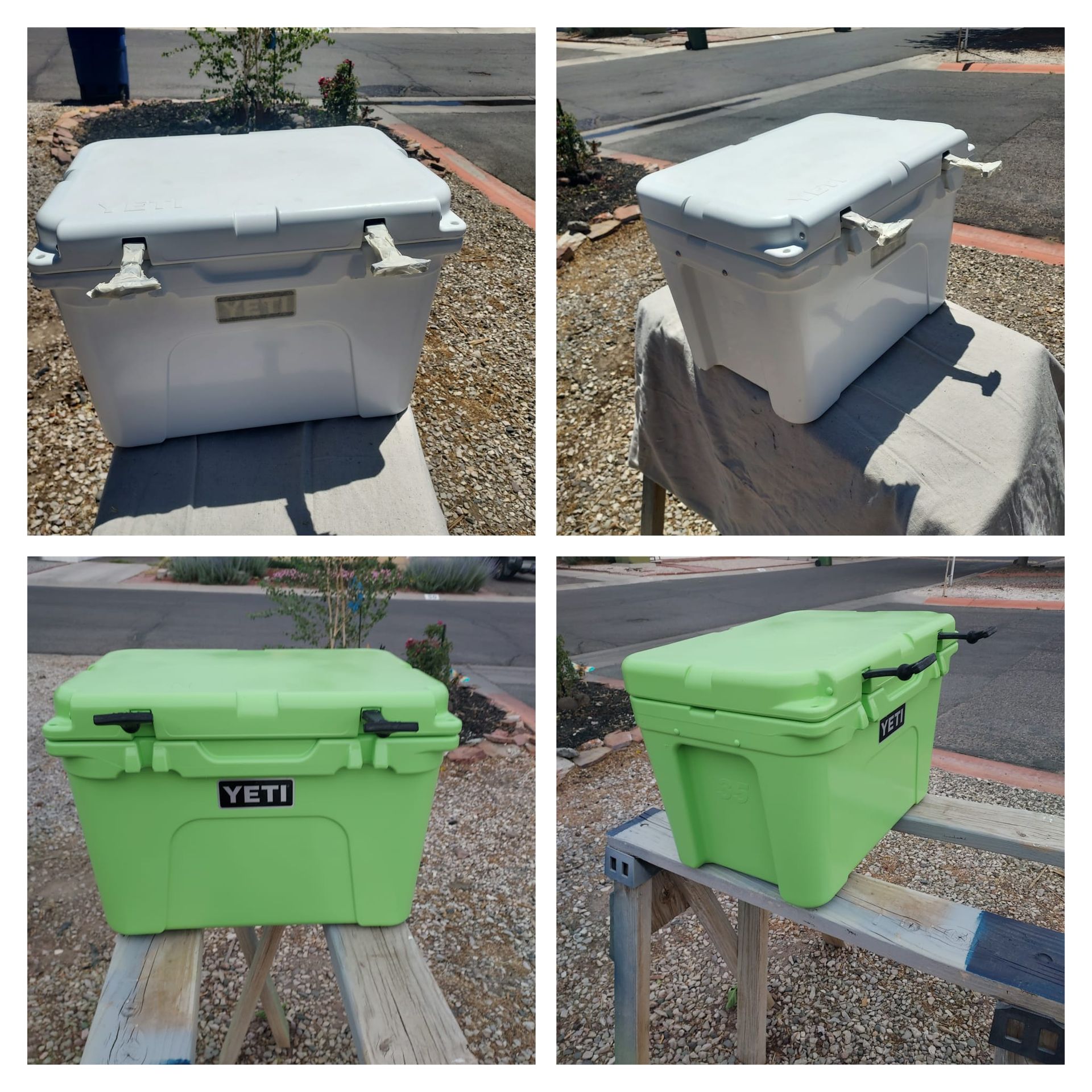 A collage showing a white YETI cooler and a green YETI cooler from different angles outdoors.