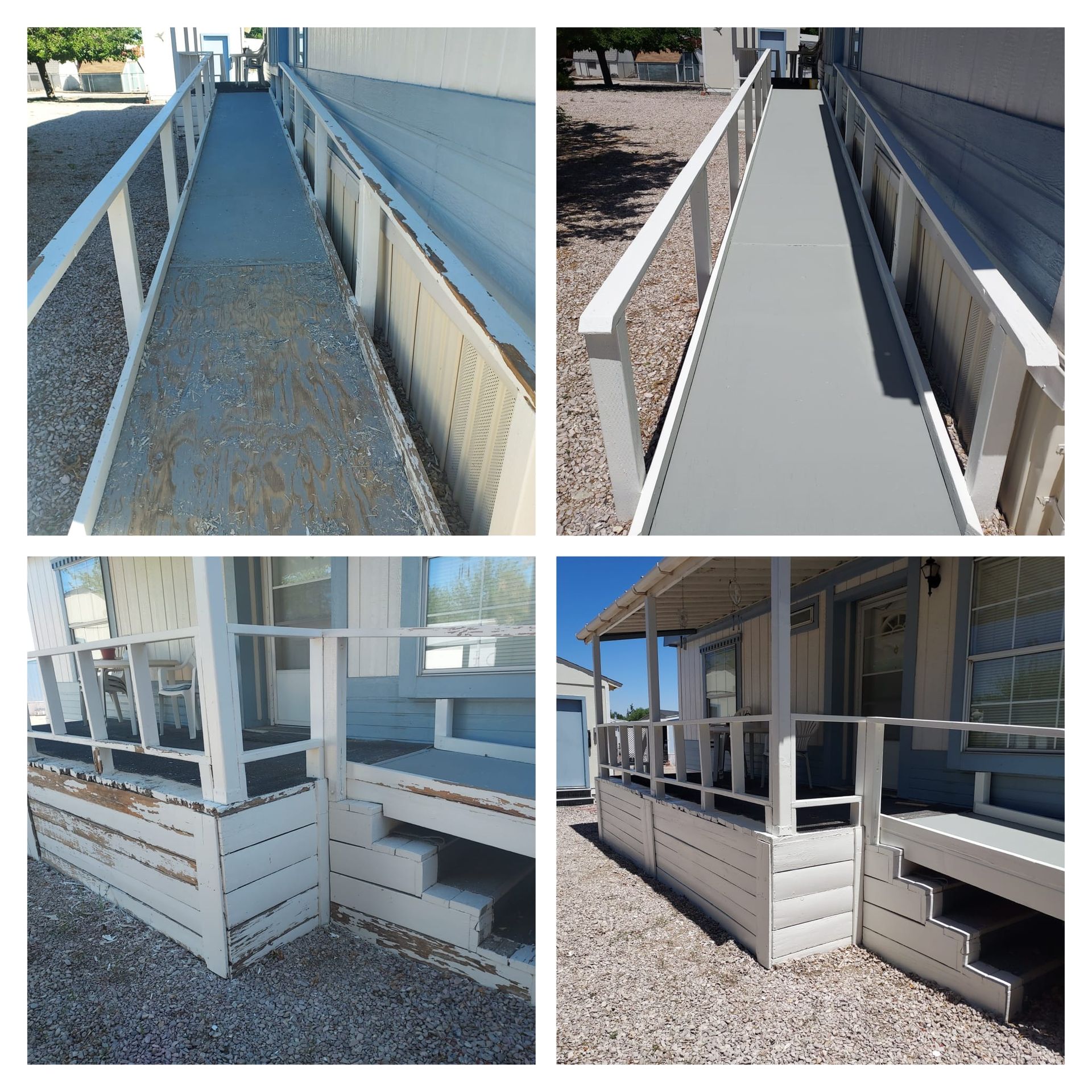 Before-and-after photos of a ramp and porch railing renovation, showing weathered wood restored with a fresh coat of paint.