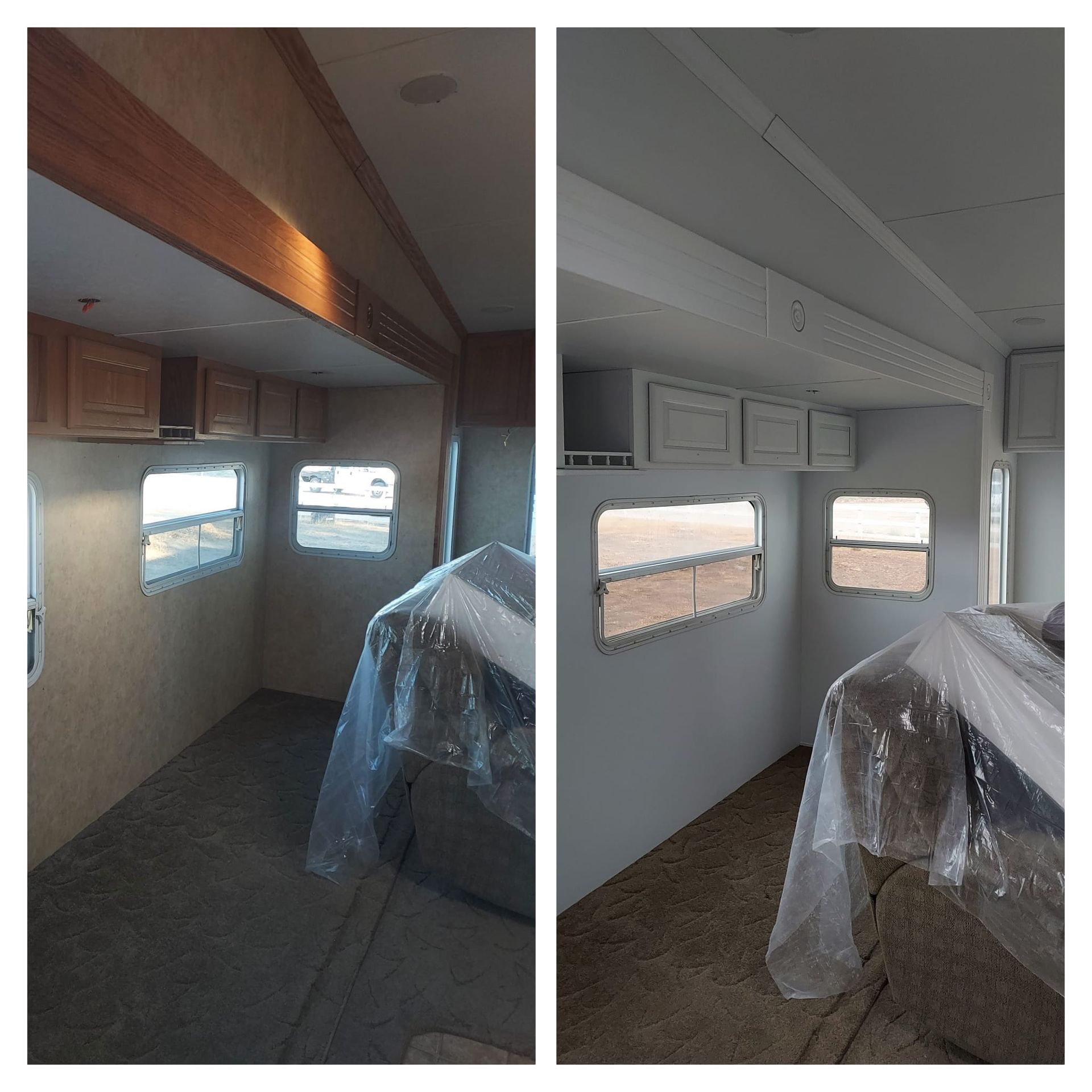 A side-by-side comparison of a camper interior before and after being repainted from wood tones to a bright white finish.