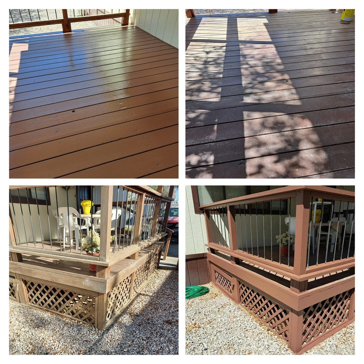 Before-and-after photos of a wooden deck and lattice skirting freshly stained a rich brown color.