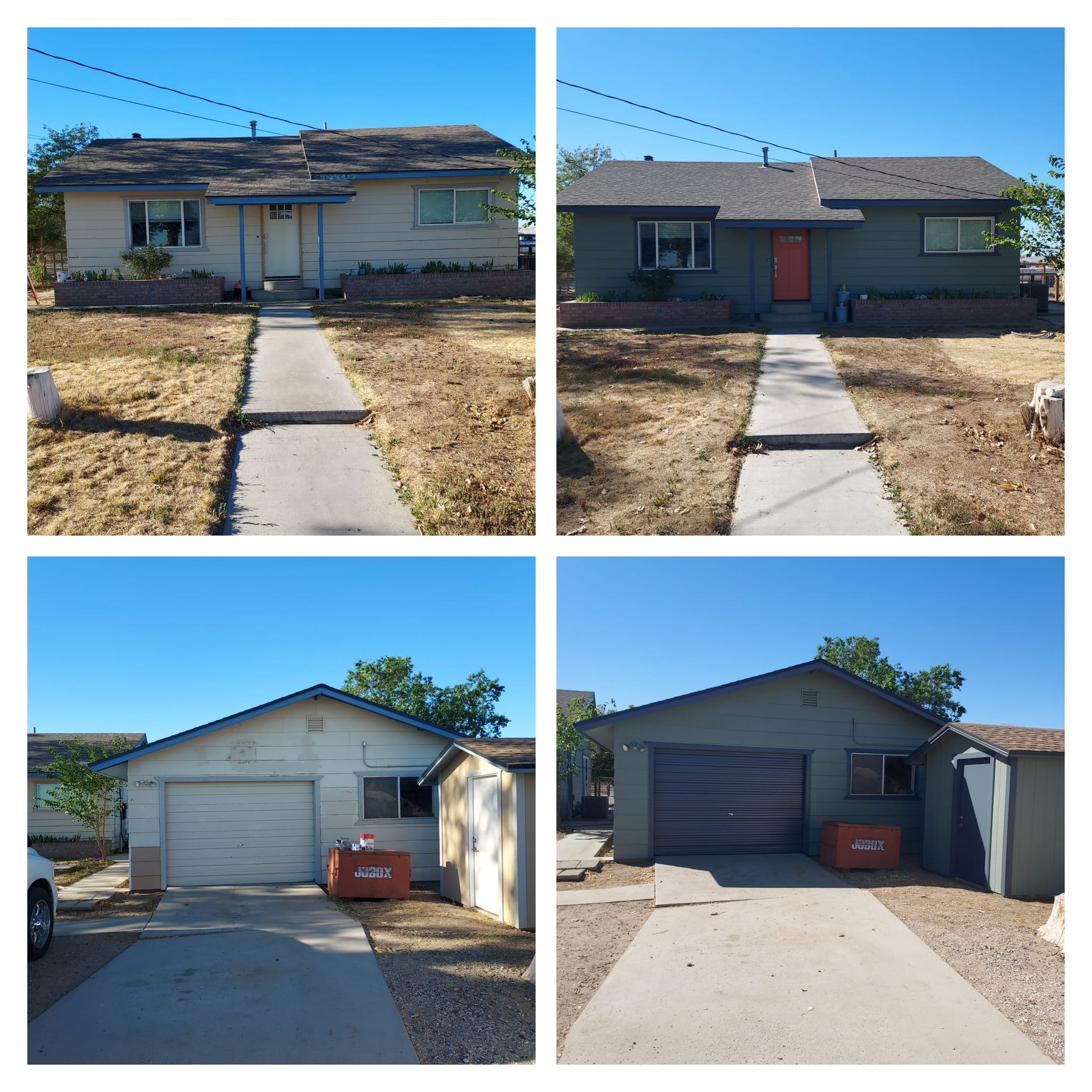 Before and after photos showing a single-story house painted dark green with a new orange front door and a dark garage door.