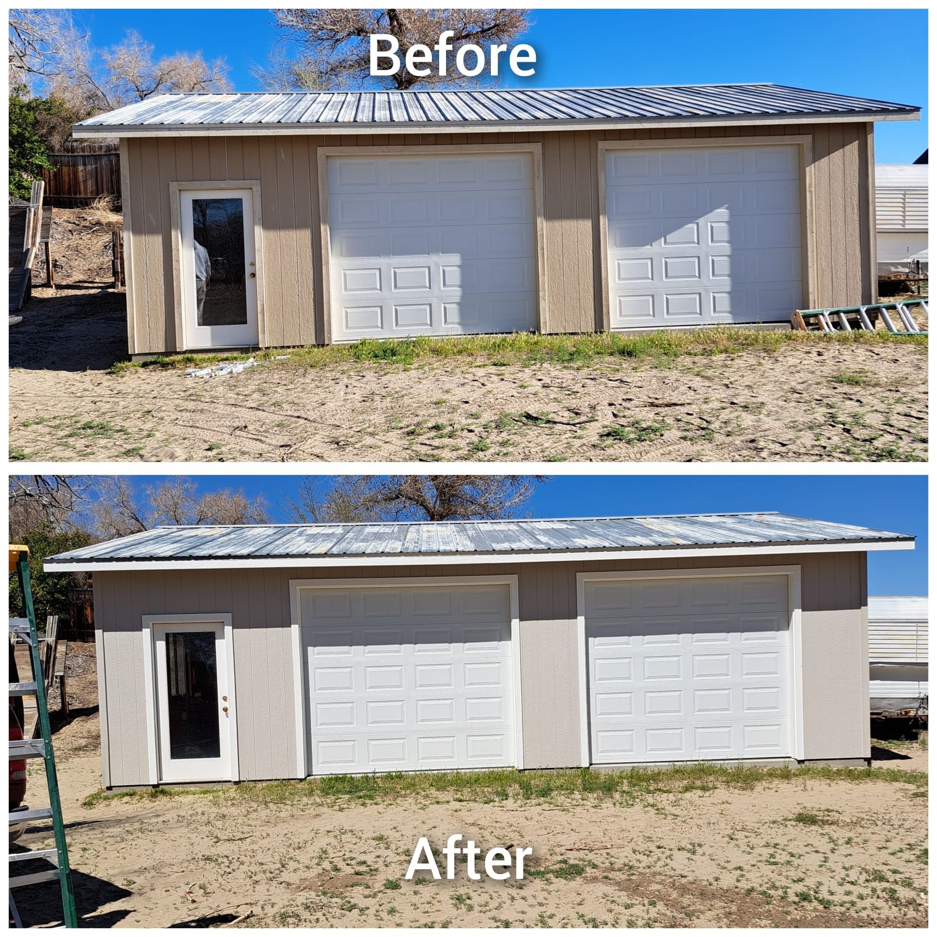 Before and after photos of a detached garage exterior painted from light brown to a cooler, muted gray.