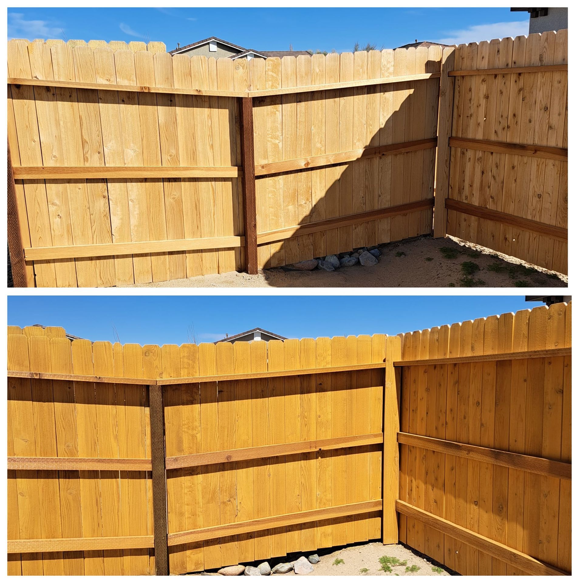 A split-screen comparison showing a wooden fence before (top) and after (bottom) staining, with a uniform, refreshed finish.