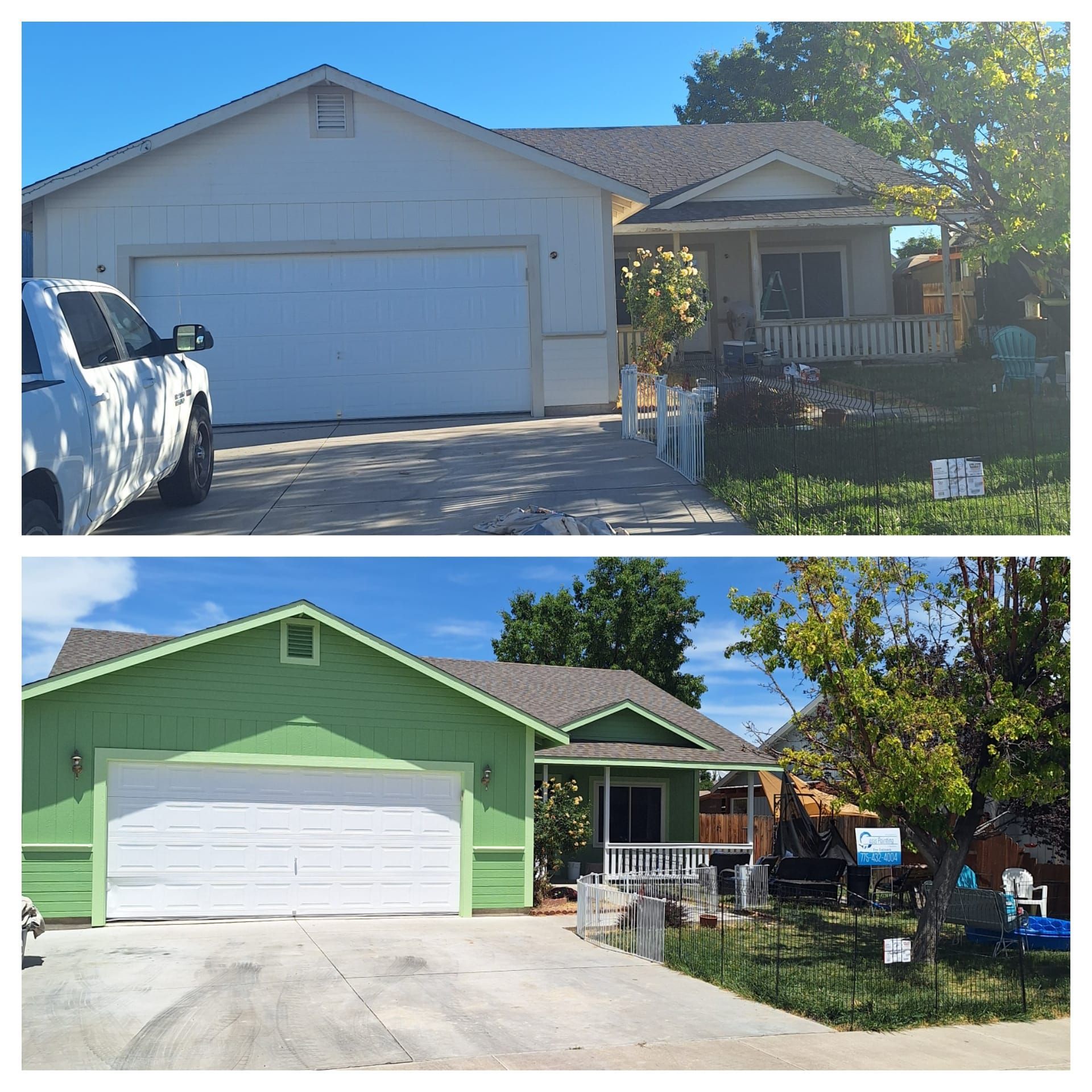 A split-screen comparison of a house exterior painted from off-white to a bright lime green.