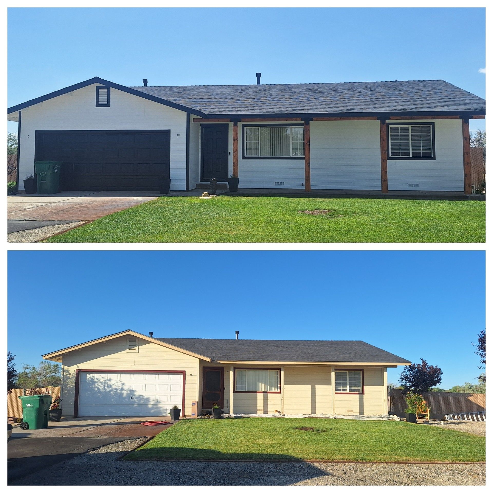 A split-view showing a house painted white with dark trim and wood pillars (top) versus its original beige exterior (bottom).