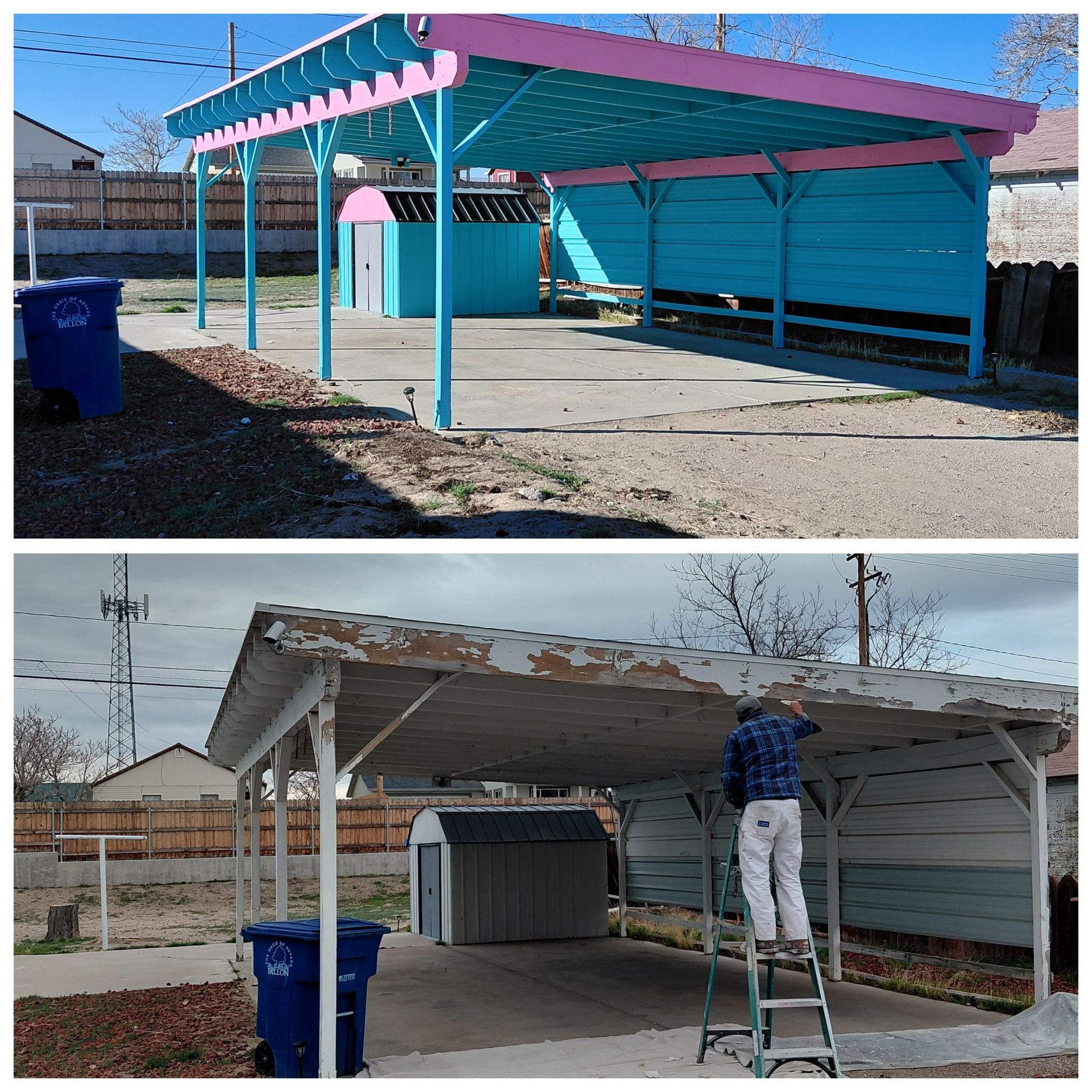 Before-and-after photos of a carport and shed painted bright blue and pink, shown with a person painting the structure.