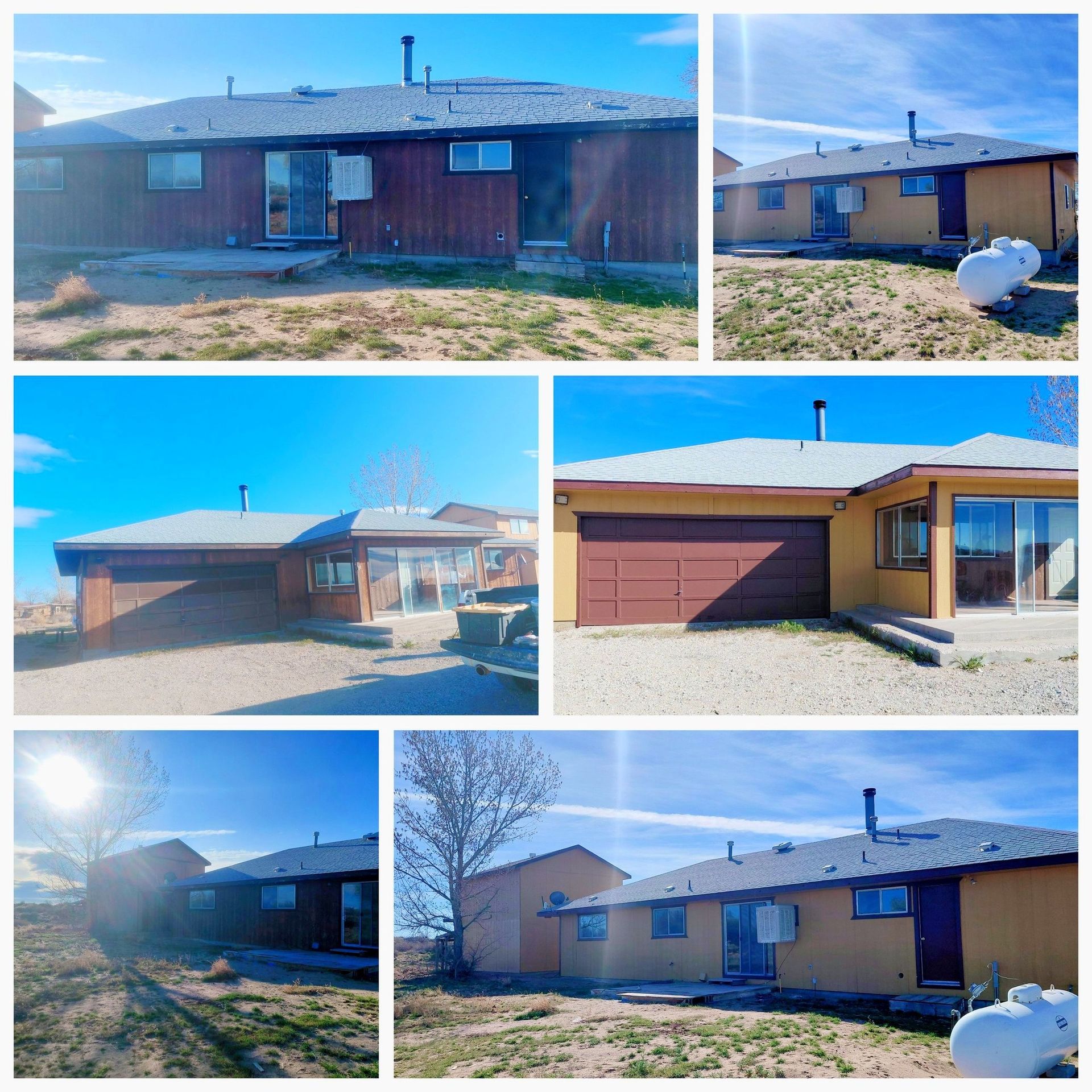 A collage of six photos showing different exterior angles of a single-story yellow house with a brown roof and garage.