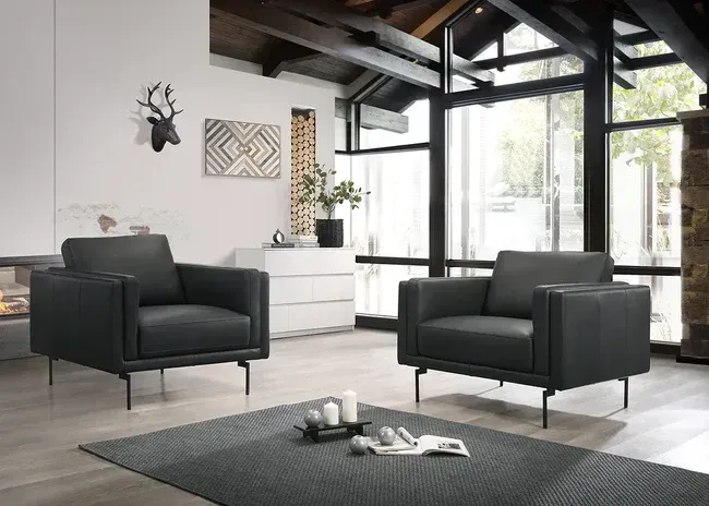 Two black leather armchairs with metal legs face each other in a bright living room with a gray area rug and fireplace.