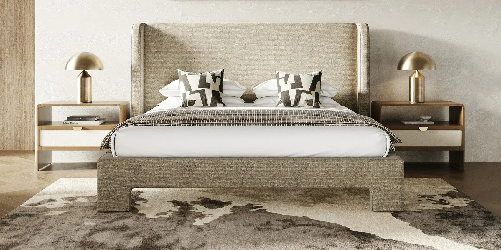A modern, low-profile bed frame with a walnut wood headboard and base, featuring dark wooden slats on a white background.