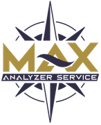 A logo for max analyzer service with a compass