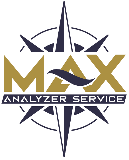 A logo for max analyzer service with a compass