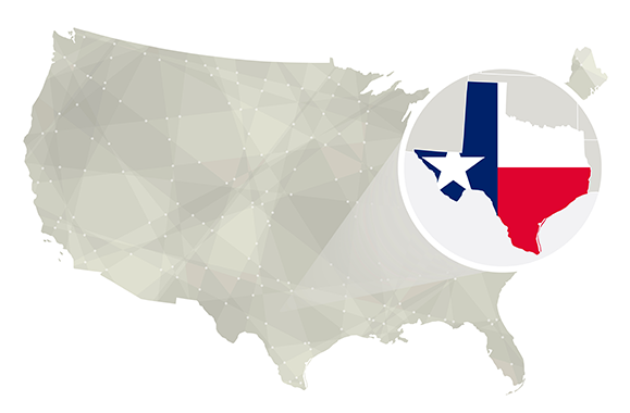 Map of the United States highlighting Texas with its state flag icon.