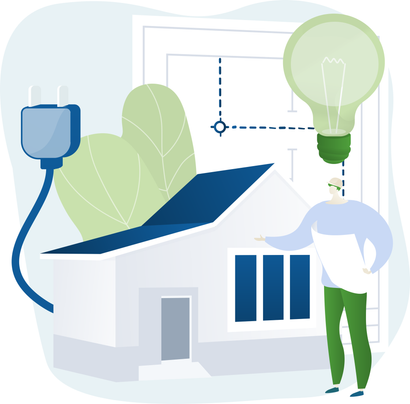 A person in green pants, blueprints, house and a lightbulb represent eco-friendly electrical plan.