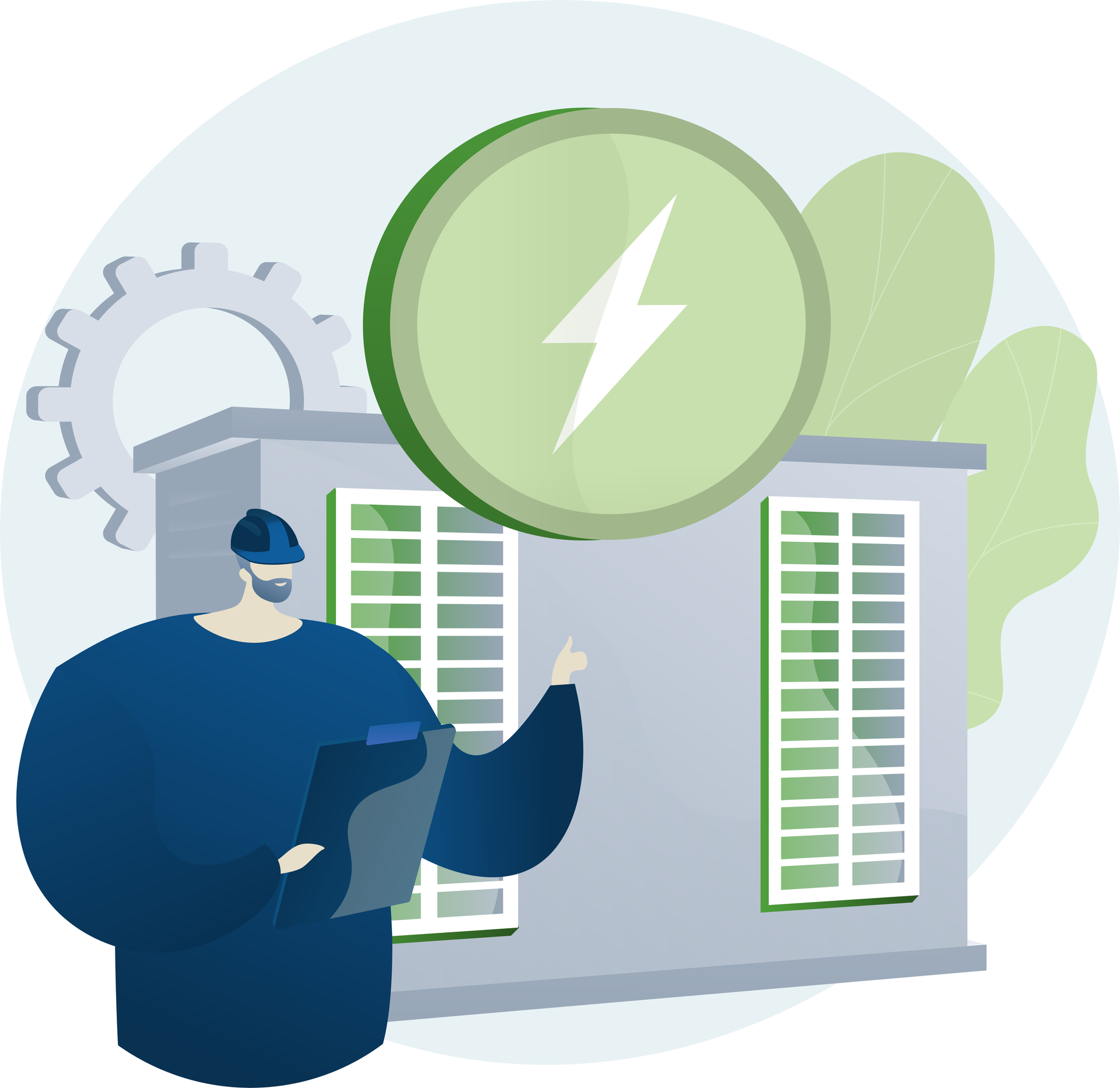 Man on ladder fixing light bulb, next to battery with lightning bolt, gears, and blue leaves.