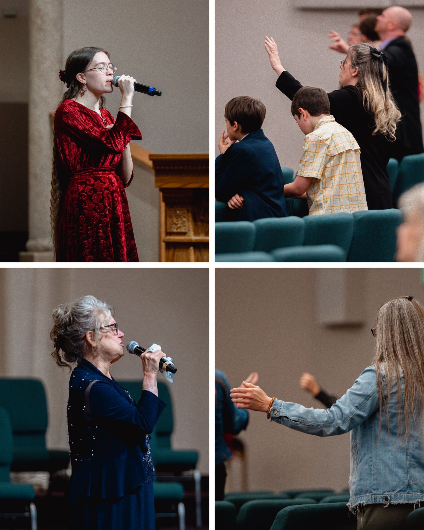 Four images: people singing and worshiping in a church.
