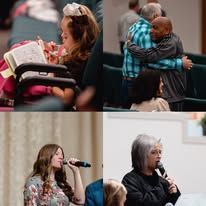 Four images of people: Children, singers, and a man embraced.